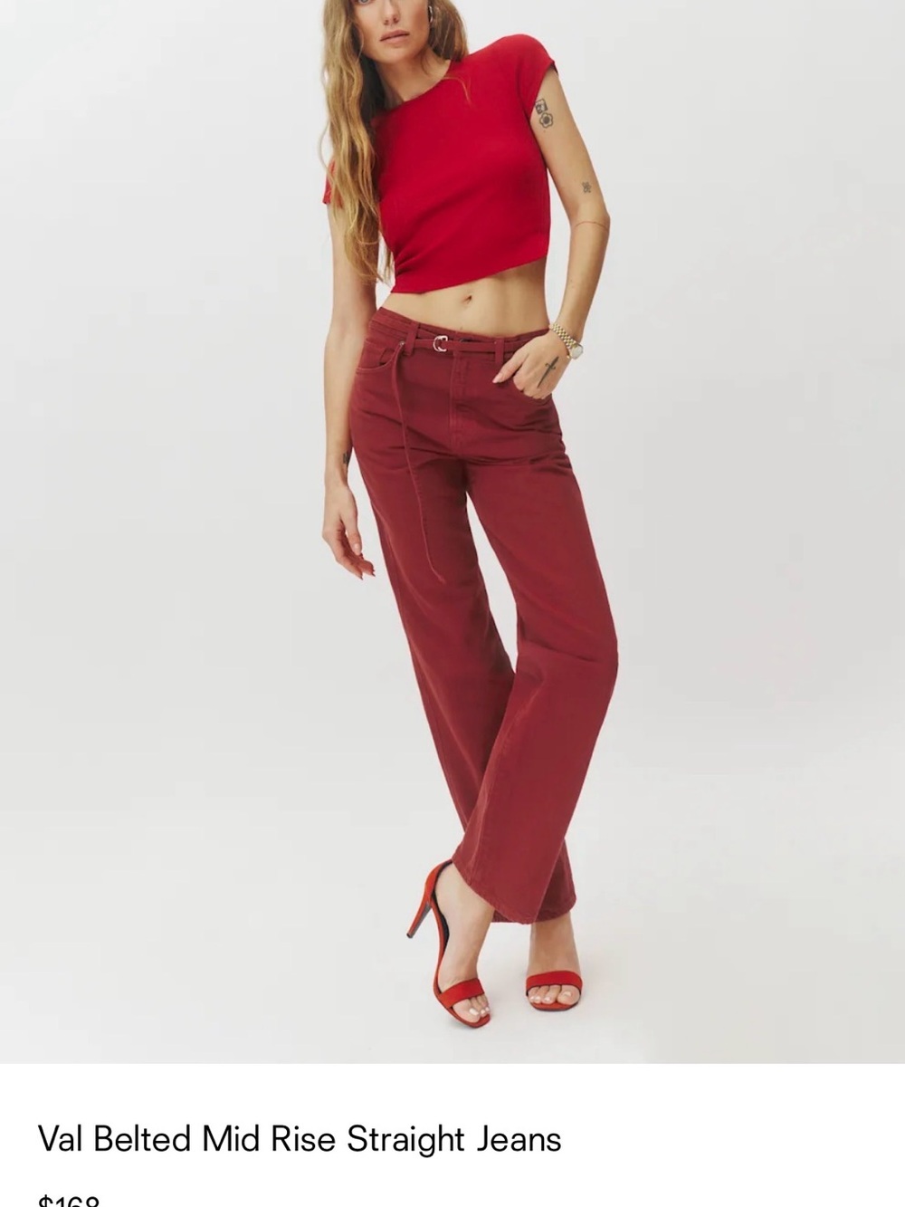 Reformation Val Belted Mid Rise Straight Jeans - Red